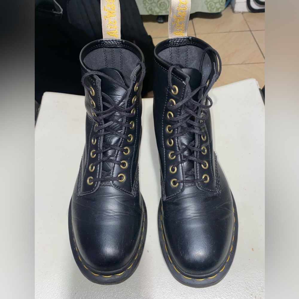 Dr. Martens Black Leather Lace-Up Boots with Yellow Stitching - Picture 3 of 9